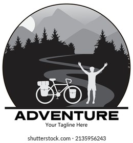 Rider raise hand with touring bike with bikepacking bags and tent on view of mountain. Vector and illustration emblem design.