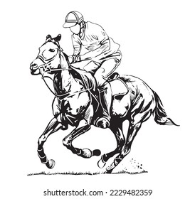 Jinete montando un boceto de caballos dibujado a mano Vector ilustración