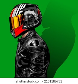 rider side view on green background, t-shirt design, biker, knucklehead, panhead, shovelhead, flathead, naked bike, dragrace, supermoto, Motorradfahrer, 
motorrijder
