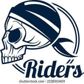 Rider skull logo, speed emblem symbol design, vector illustration. Black retro motorcycle race, skeleton biker art print.