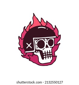 Rider skull on fire, illustration for t-shirt, poster, sticker, or apparel merchandise. With retro cartoon style