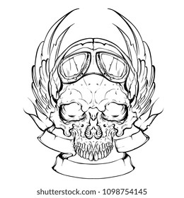 Rider skull with retro racer attributes. Grunge print. Vintage style. Vector art.