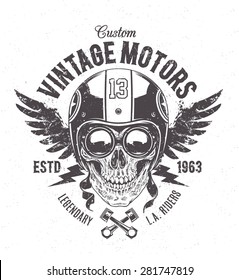 Rider skull with retro racer attributes. Grunge print. Vintage style. Vector art. 