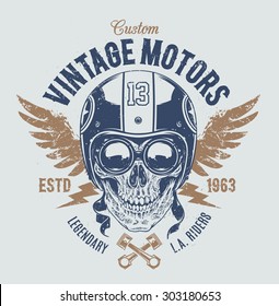 Rider skull with retro racer attributes. Grunge print. Vintage style. Vector art. 