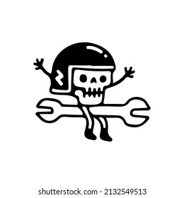 Rider skull sitting on wrench, illustration for t-shirt, poster, sticker, or apparel merchandise. With retro cartoon style