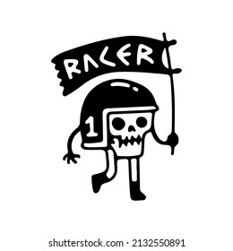 Rider skull wearing helmet and holding flag with racer typography, illustration for t-shirt, poster, sticker, or apparel merchandise. With retro cartoon style