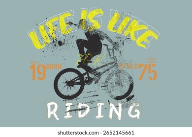 Slogan gráfico de cavaleiro, slogan de bicicleta graffityTee, Um homem montando uma bicicleta de arte velha. Bicicleta ilustração arte tees, graffity slogan tees, Tipografia urbana hipster rua arte para tees.eps8