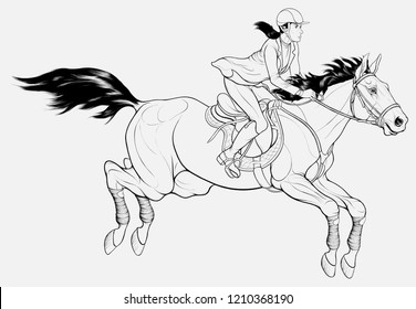 Rider and stallion negotiating a barrier on a show jumping course. Linear illustration designed for horseback riding goods or cross-country equestrianism. Steed and sportswoman passes the route.