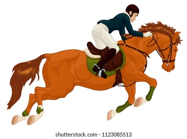 Rider and stallion overcoming a barrier on a show jumping course. Vector illustration, design for horseback riding goods or cross-country equestrianism. Stud and sportswoman dressed for competitions.