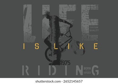 Slogan gráfico estilo cavaleiro, slogan de bicicleta graffityTee, Um homem montando uma bicicleta de arte velha. Bicicleta ilustração arte tees, graffity slogan tees, Tipografia urbana rua art.eps8