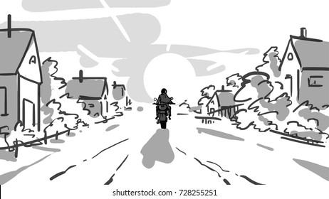 Rider in town black and white vector sketch. Man on a motorcycle rides to meet the setting sun. Simple drawing. 