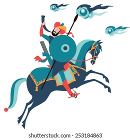 the rider in a turban with a shield, spear and arrow