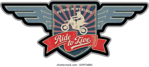 The rider, Wings, patch, Ride to live, Petrol is in my blood, Motorcycling, stripe, illustration, vector