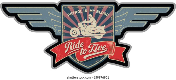 The rider, Wings, patch, Ride to live, Petrol is in my blood, motorcycle, Sports, illustration, vector