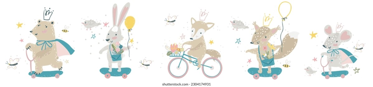 Riders Animals. Cartoon wild animals riding vehicles bikes, scooters, scates. Vector collection