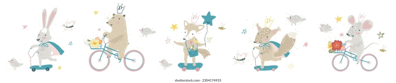 Riders Animals. Cartoon wild animals riding vehicles bikes, scooters, scates. Vector collection