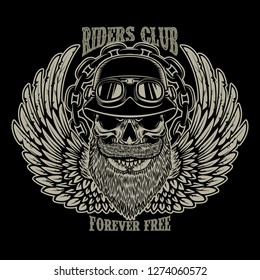 Riders club. Emblem template with biker skull and wings. Design element for poster, card, t shirt. Vector image