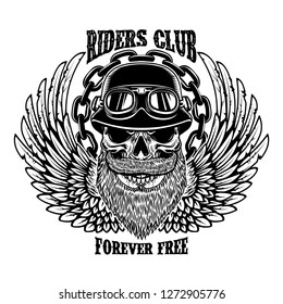 Riders club. Vintage biker emblem with winged racer skull. Vector image