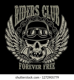 Riders club. Vintage biker emblem with winged racer skull. Vector image