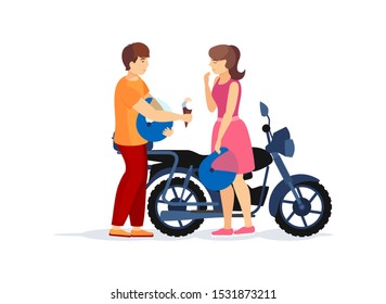 Riders couple in love on motorbike website landing page. Lovers couple together riding motorcycle. Young man treats a girl to ice cream standing next to a motorcycle in autumn cartoon vector
