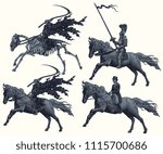 Riders. Design set. Hand drawn engraving. Editable vector vintage illustration. Isolated on white background. 8 EPS