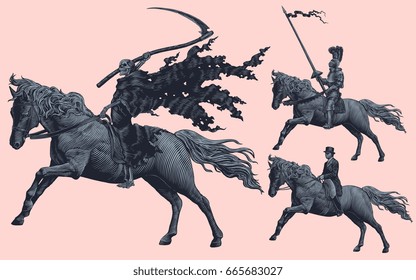 Riders. Design set. Hand drawn engraving. Vector vintage illustration. Isolated on color background. 8 EPS