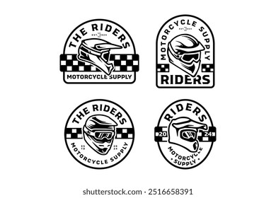 riders helmet full face with goggles logo design collection for extreme sport and adventure. racing helmet with glasses emblem logo set. crash helmet safety sport badge logo illustration bundle