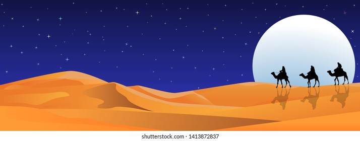 Riders on camels on the background of the night starry sky. Moonlight night. Sandy desert.