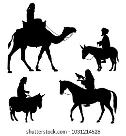 Riders on different animals - camel, horse and donkey. Set of vector black silhouettes on white background