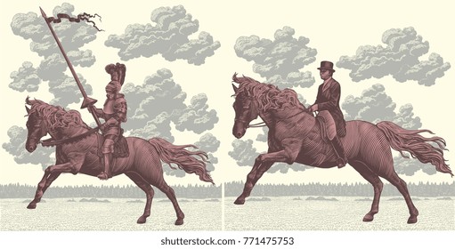 Riders on horseback. Design set. Hand drawn engraving. Vector vintage illustration. Isolated on light background. 8 EPS