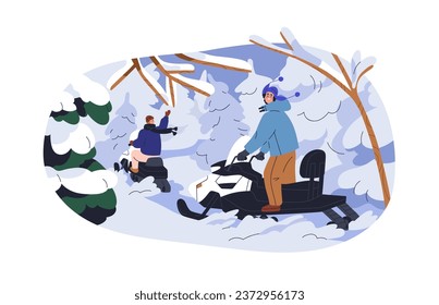 Riders on snowmobile, snow scooter on winter vacation. People riding, driving snowmachine, skimobile. Extreme adventure in northern forest. Flat vector illustration isolated on white background