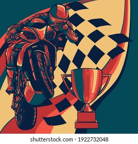 Riders on sport motorbike with cup and race flag