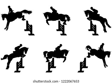 Riders overcome obstacles on horseback. Different phases of the jump. Set of isolated on white background black silhouettes. Equestrian sport - horse jumping.