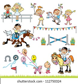 riders,vector set with children riding horses,equestrian competition,children illustration for little kids