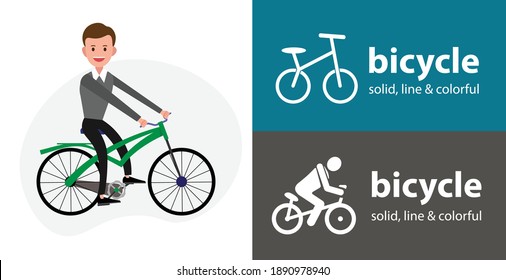 rides a bicycle isolated vector flat icon. silhouette line solid design element