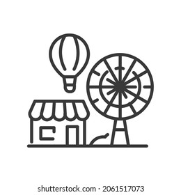 Rides at the fair - vector line design single isolated icon on white background. High quality black pictogram. Fun city entertainments. Ferris wheel ride, hot air balloon adventure, souvenir shopping