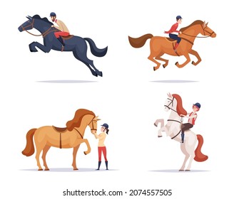 Rides horses. Equestrian riders on horseback funny domestic animals exact vector illustrations of horses