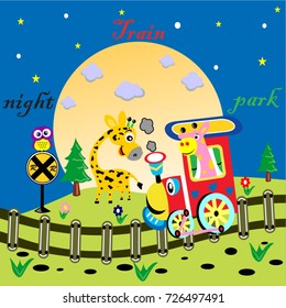 rides  the night train in the park vector cartoon
