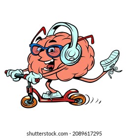 rides a scooter and listens to music human brain character, smart wise