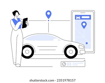 Aplicaciones de uso compartido de rutas ilustraciones vectoriales abstractas de concepto. Smartphone con aplicación para uso compartido de viajes, tiempo de llegada estimado, registro de activación con minutos, tecnología de TI, metáfora abstracta de transferencia de datos.