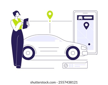 Ride-sharing apps abstract concept vector illustration. Smartphone with ride-sharing app, estimating time of arrival, pup-up sign with minutes, IT technology, data transfer abstract metaphor.