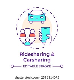Ridesharing and carsharing multi color concept icon. Reduce vehicle ownership. Sharing economy model. Round shape line illustration. Abstract idea. Graphic design. Easy to use in presentation