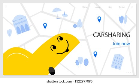 Ridesharing landing page flat template. Happy vehicle kawaii character. Carsharing lettering. Automobile rental cartoon clipart. Transport booking service. Auto rent webpage, website flat design