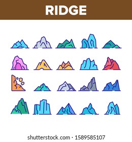 Ridge Different Form Collection Icons Set Vector Thin Line. Ridge Peak Climbs For Extreme Sport, Adventure And Expedition Concept Linear Pictograms. Color Contour Illustrations