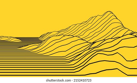 ridge line mountain topology contour, black line on yellow backbround