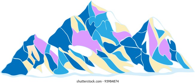 Ridge Mountains, three snow-capped peaks in the decorative color on a white background