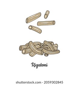 Ridged italian wheat pasta rigatoni, vector illustration in sketch style isolated on white background. Hand drawn food element for menu or banner design.