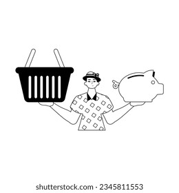 The ridicule is holding a piggy bank and a stigmatize handcart . sum dark and washcloth analogue style. Trendy style, Vector Illustration