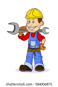 Ridiculous caricature the cheerful worker with the tool in hands a vector illustration.