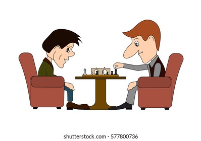 Ridiculous caricature, men at a table play chess, a vector illustration.